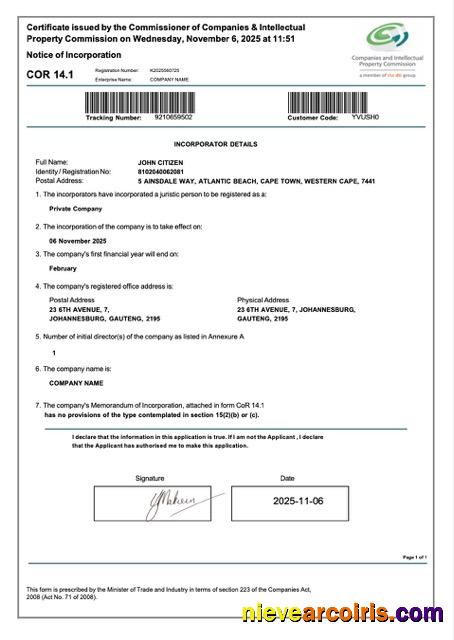 South Africa certificate of incorporation